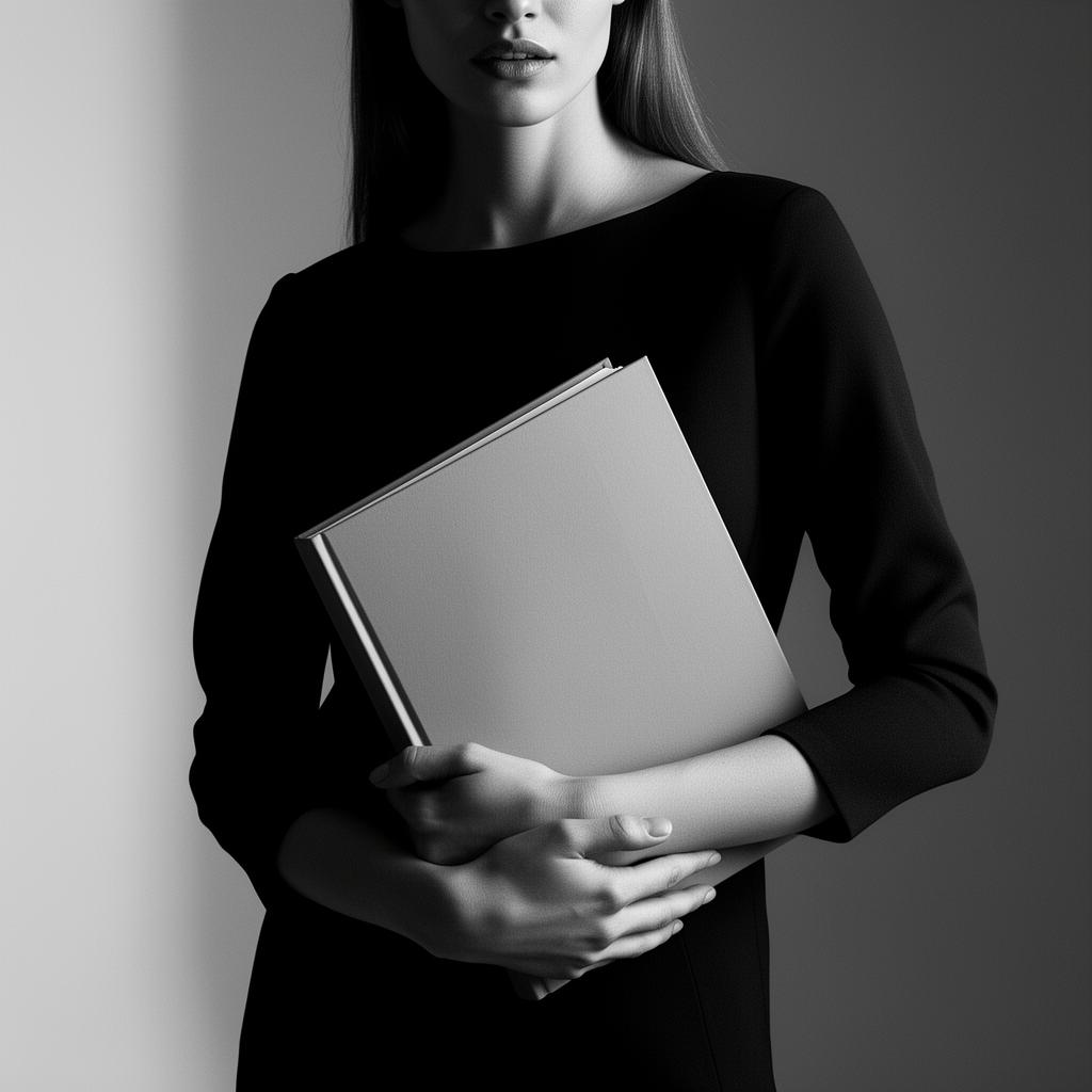 Editorial photograph of a model holding a portfolio