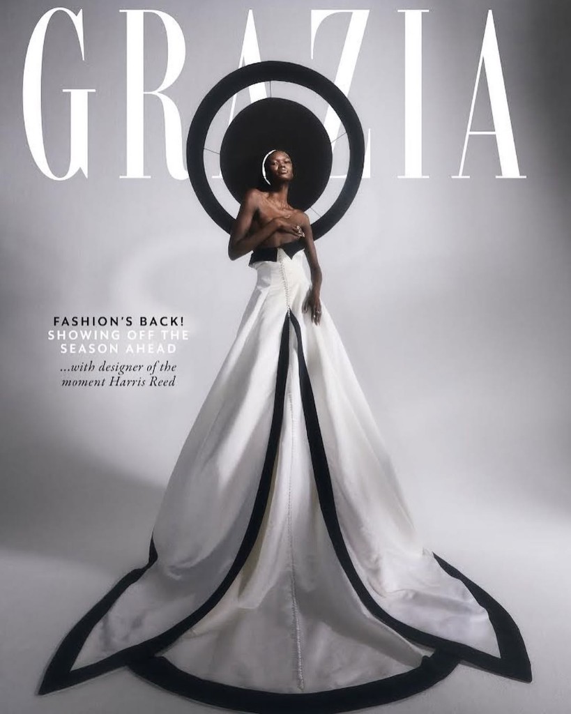 Grazia cover feature with Alek in an editorial white and black gown