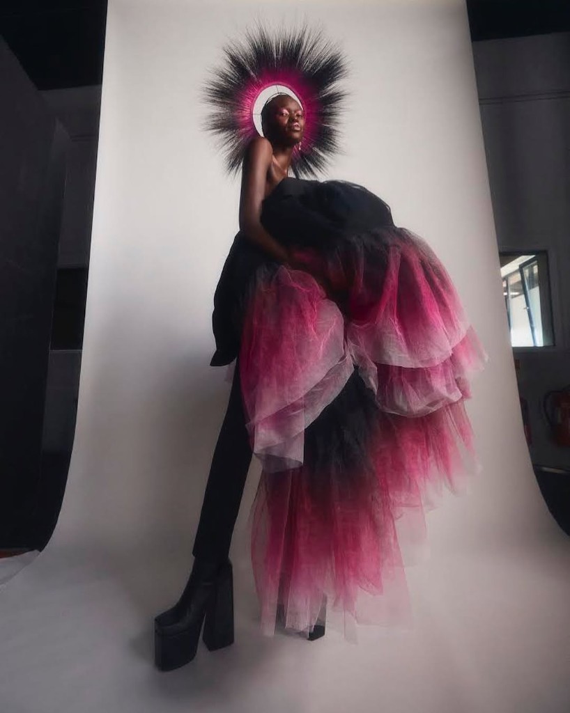 Alek in a black and magenta editorial dress from the Grazia shoot